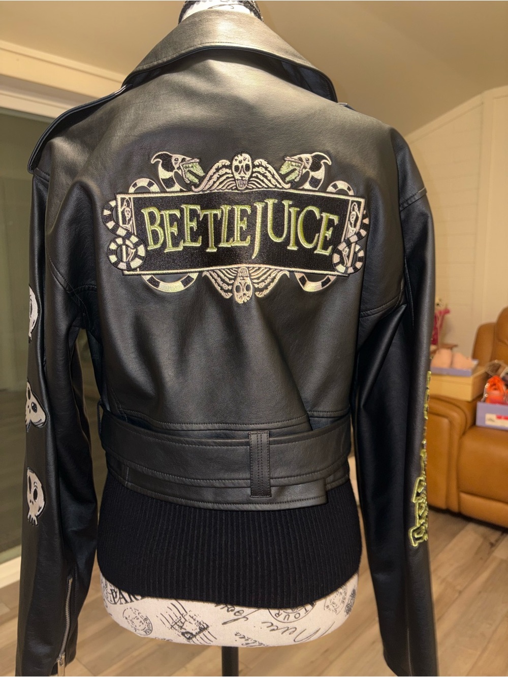 Bettlejuice meets Forever 21 Black Faux Leather Biker Jacket with Belt — XS